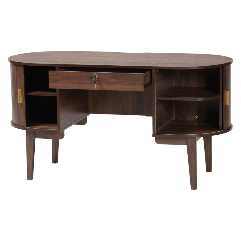 Baxton Studio Hayes Wood Writing Desk - Mid-Century Modern Oval Desk with Locking Drawer and Sliding Tambour Doors for Office or Home