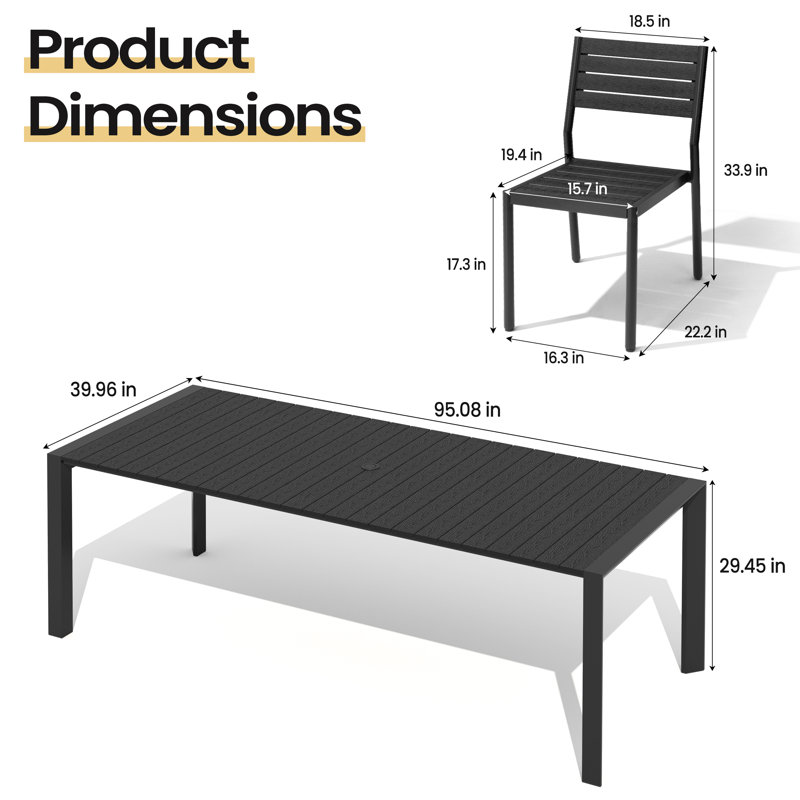 10 - Person 95‘’ W X 40'' D Aluminum Patio Dining Set With Umbrella Hole And Stackable Chairs, Black