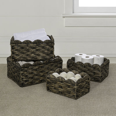 Coral Rustic Cottage Handwoven Water Hyancinth Scalloped Edge Nesting Storage Baskets (Set of 4)