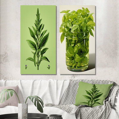 «Green Minimalist Herbal Harmony II - Herbs», ensemble de 2 reproductions d'art sur toile