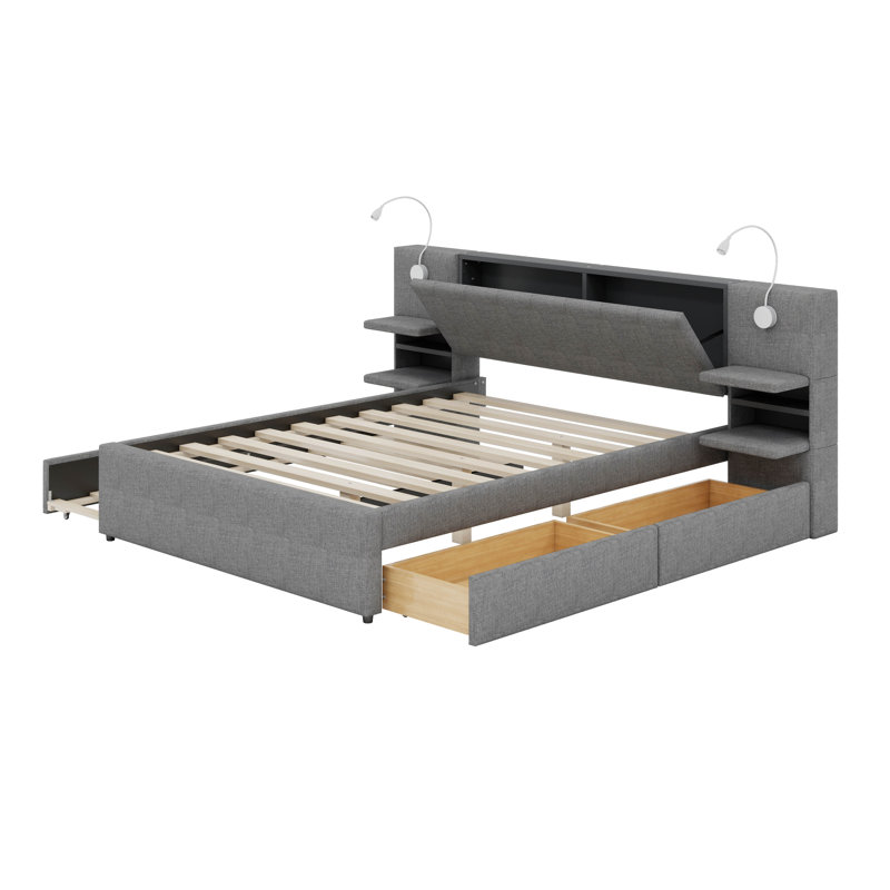 Grand lit plateforme tapissier avec lumières de lecture, lit gigogne et tablettes, Gris