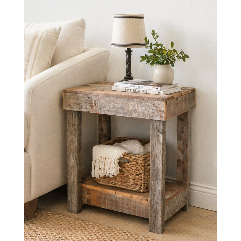 22'' Solid Reclaimed Wood End Table with Shelf | Rustic Side Table | Fully Assembled Accent Table, Unfinished Natural