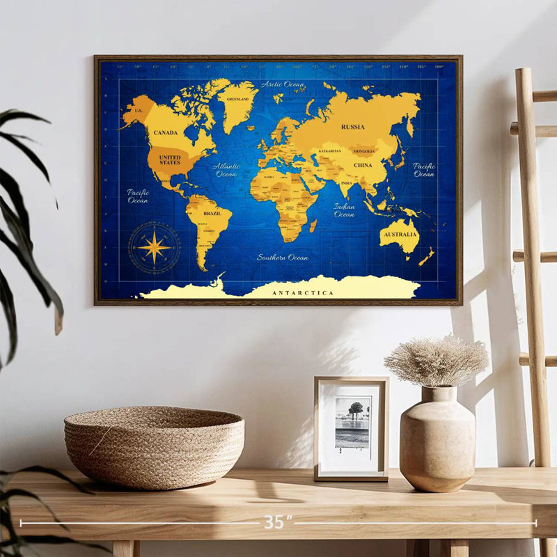 Carte du monde jaune, 25 po x 17 po, Cadre flottant noyer