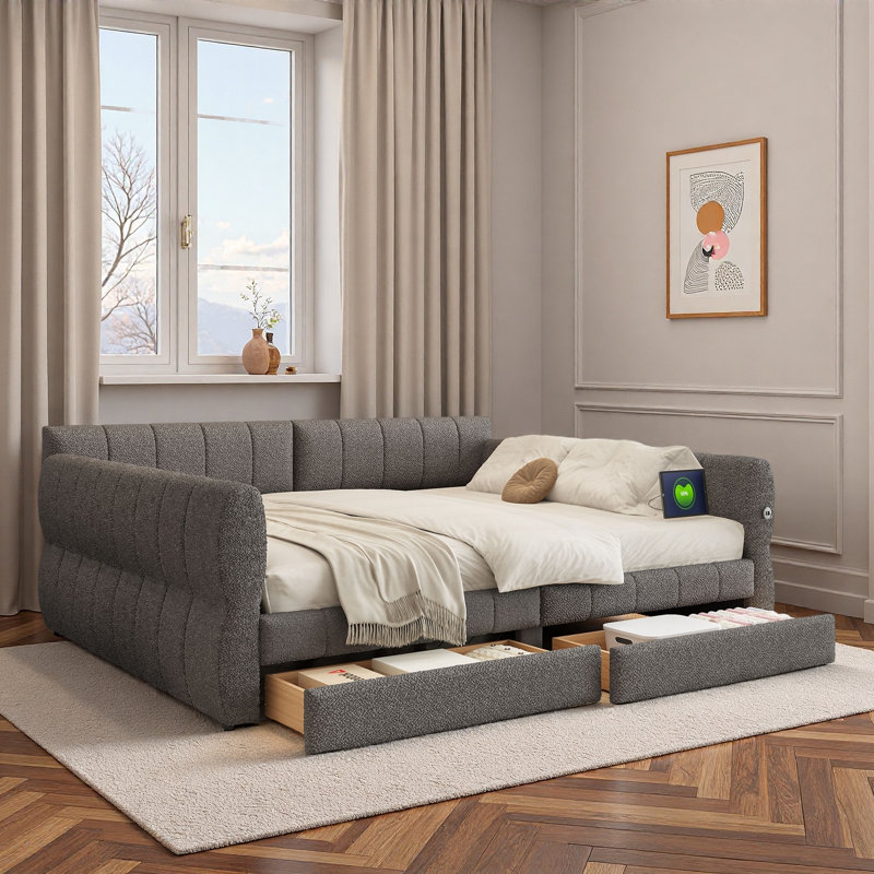 Upholstered Daybed With Usb And 2 Drawers, Gray