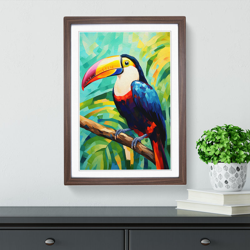Toucan Abstract - Single Picture Frame Print on Wood, 64cm H x 46cm W x 2cm D, Walnut