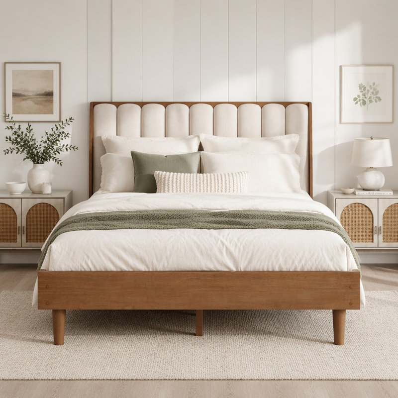 Grand lit en bois avec tête de lit tapissier
