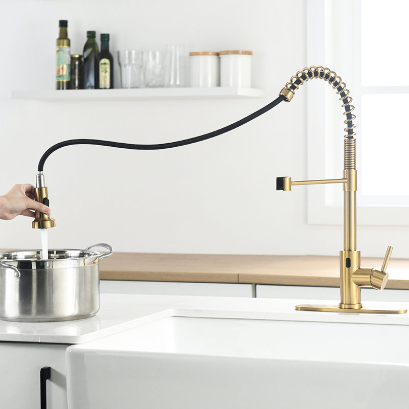 Hands Automatic Smart Faucet - Touchless With Modern Pull Down In Brushed Gold For Convenient Kitchen Use Stainless Steel 2-Inch Sensing Distance &