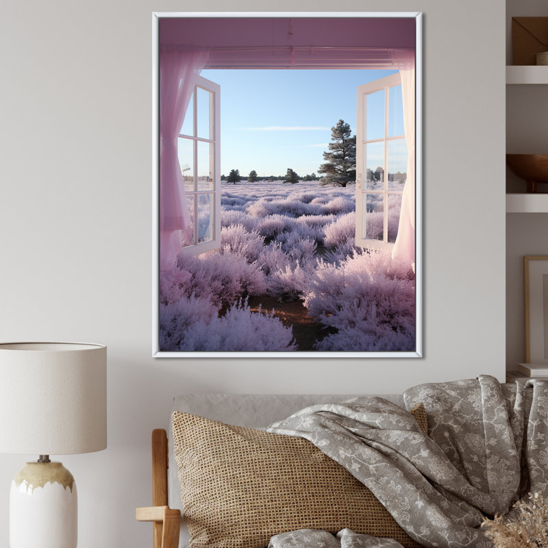 Lavande, prairie, vue de fenêtre 4 - prairie, art mural, Cadre flottant blanc, H 40 po x l 30 po