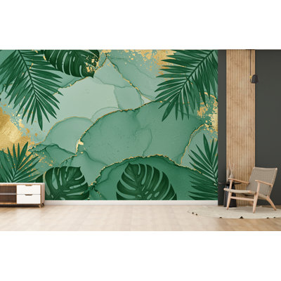Papier peint feuille de palmier émeraude avec décorations en feuille d'or | Murale luxueuse pelez et collez de style tropical | Décoration de salle de bain d'inspiration spa verte (non tissée)
