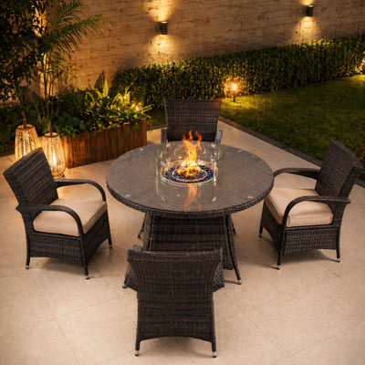 Ensemble de foyer d'extérieur en aluminium 5 pièces avec table certifiée CSA 50 000 BTU, fauteuils en rotin PE avec coussins