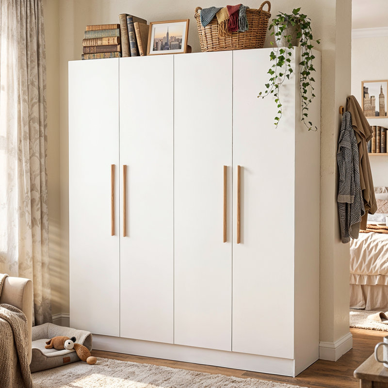63" W 4-Door Wardrobe Armoire with 2 Hanging Rods, 5 Interior Shelves and 2 Upper Storage Compartments, White/Gold