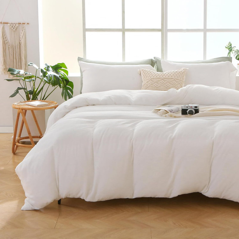 Ensemble de housse de couette en satin de coton, Blanc, Housse de couette double et 2 taies décoratives s