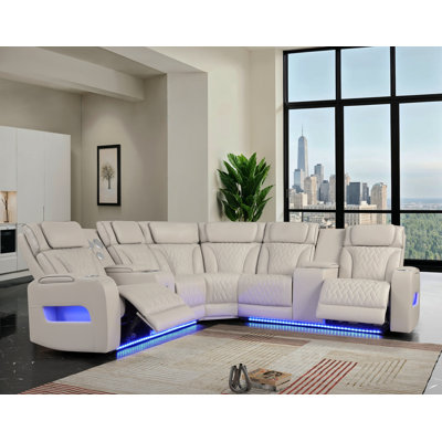 Jazz 117"W Ice Leather Aire Transformer Power Reclining Sectional Sofa With Power Headrest, Bluetooth Speakers, LED Lights, USB & USB-C Ports, Storage & Cupholders
