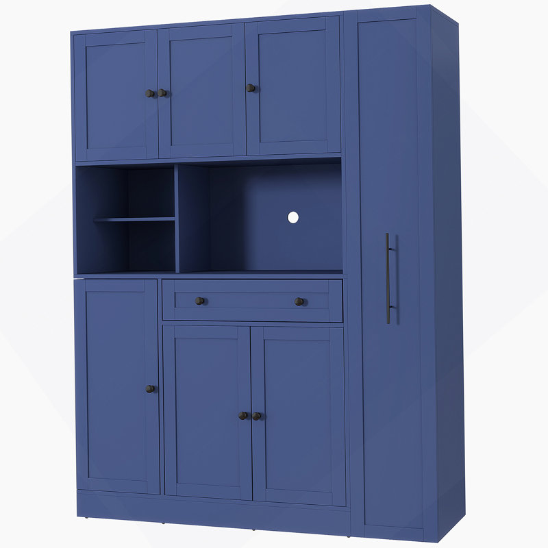 Buffet autoportant traditionnel 52,8 x 17,7 x 70 pouces avec huche, grande armoire de rangement pour garde-manger avec armoire latérale coulissante, tablettes de porte et tiroir, bleu