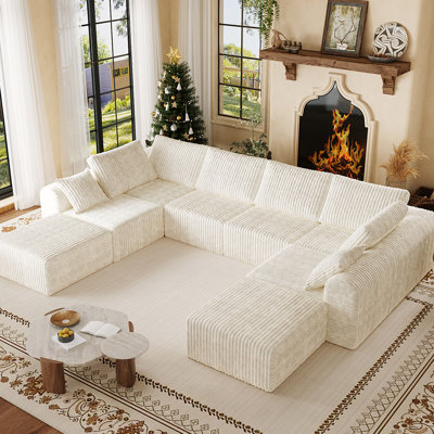 8 - Piece 192.51" W U Shape Sectional Sofa, Cloud Modular Sectional Sofa, Deep Seat Corduroy Boneless With Ottomans, No Need Assembly