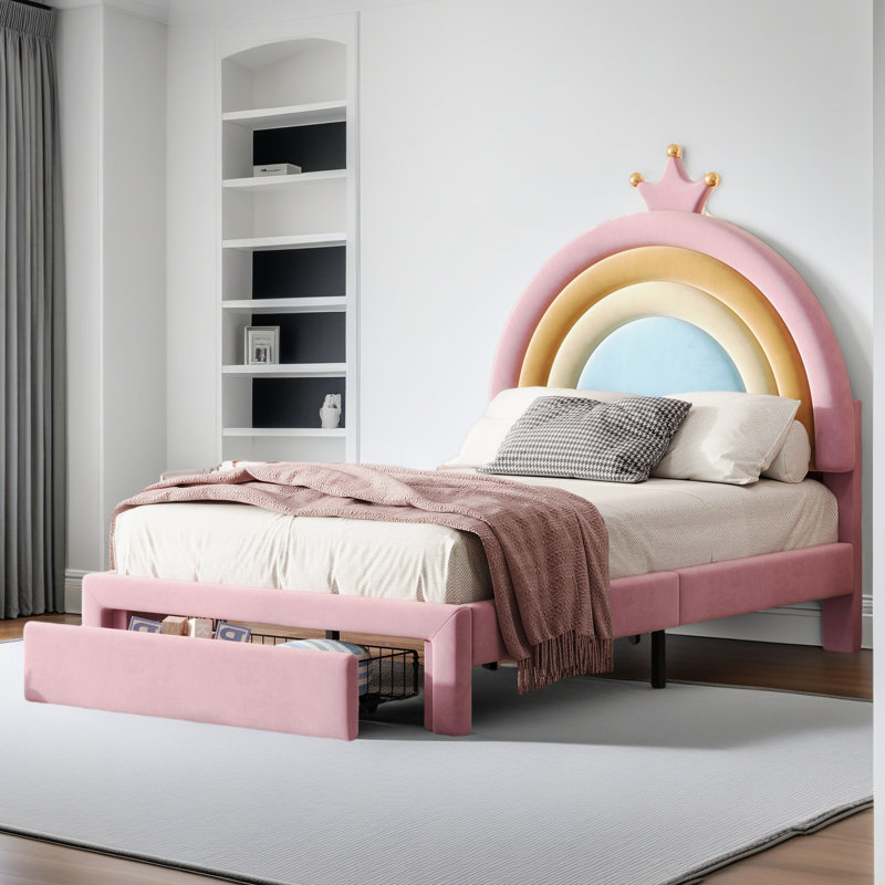 Lit tapissier à motif arc-en-ciel, lit plateforme en velours avec tiroir de rangement, aucun sommier nécessaire, Lit simple