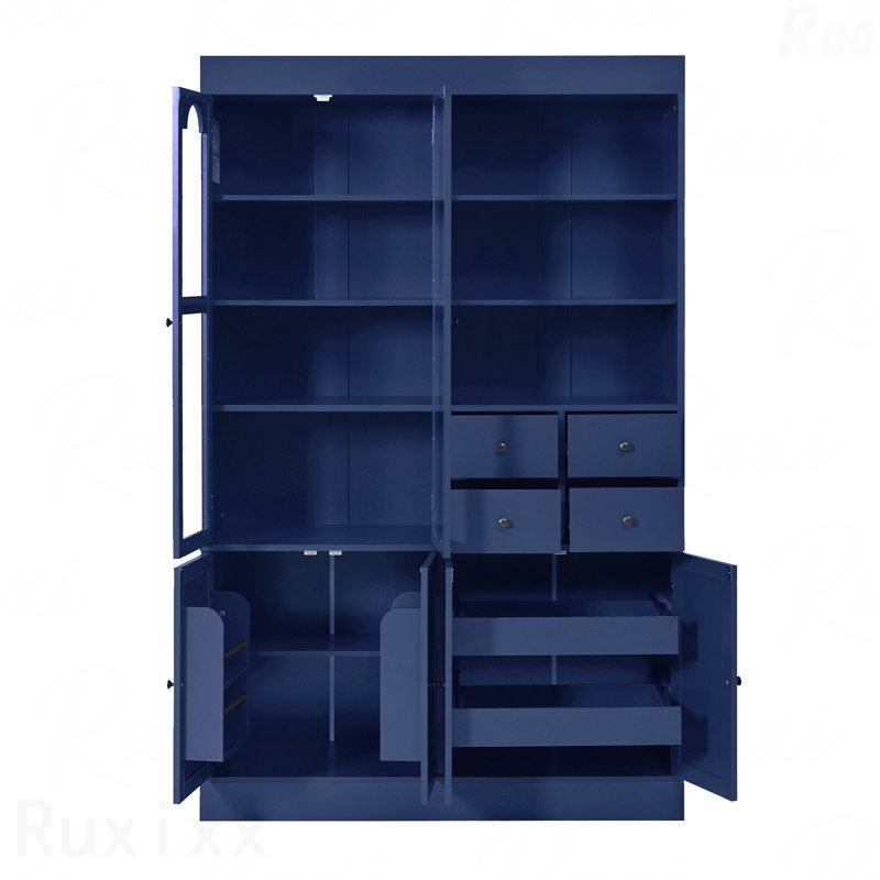 Buffet autoportant de 75 po de hauteur bleu avec huche, garde-manger avec 4 tiroirs, tablettes de porte et plateaux coulissants