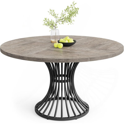 47" Farmhouse Round Dining Table For 4-6 – Industrial Dinner Table With Hourglass Metal Pedestal Base, Large Kitchen & Dining Room Table, Modern Rusti
