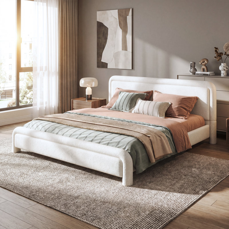 Très grande base de lit tapissier avec tête de lit courbée, tissu Boucle, lattes de bois, blanc, King