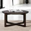 Table de salon style transitionnel 36 po avec base à tréteaux et plateau en bois avec finition noyer foncé brossé et salon principal