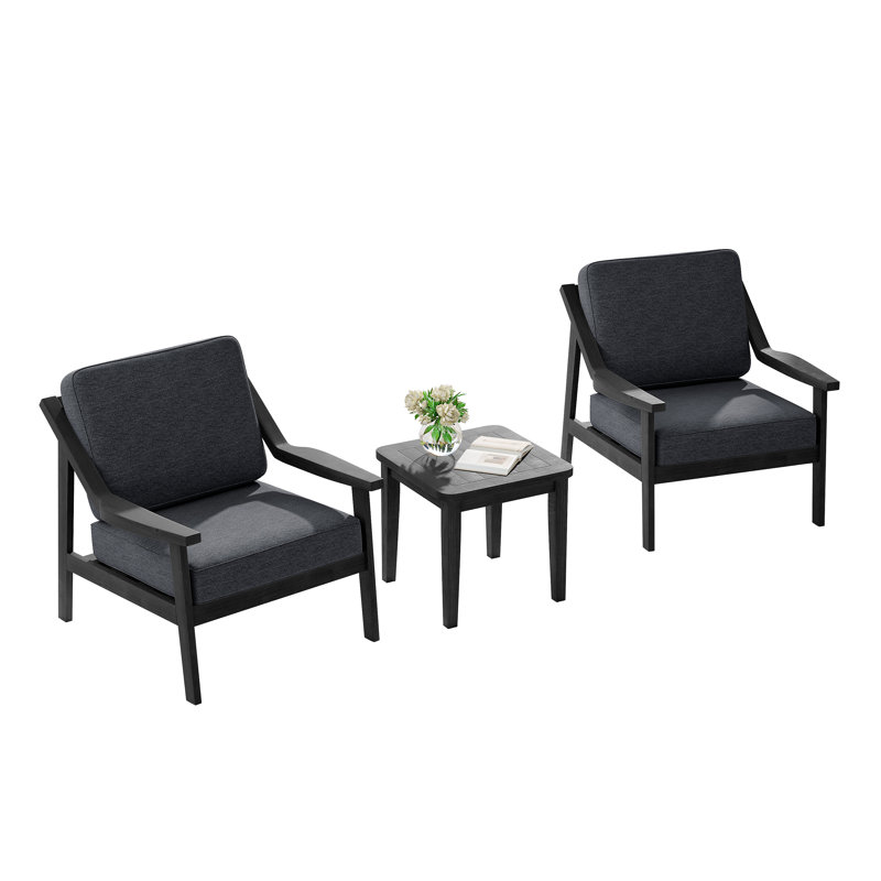 Ensemble de patio d'extérieur pour deux personnes en teck avec coussins et table d'appoint Marlo, Gris foncé, Noir
