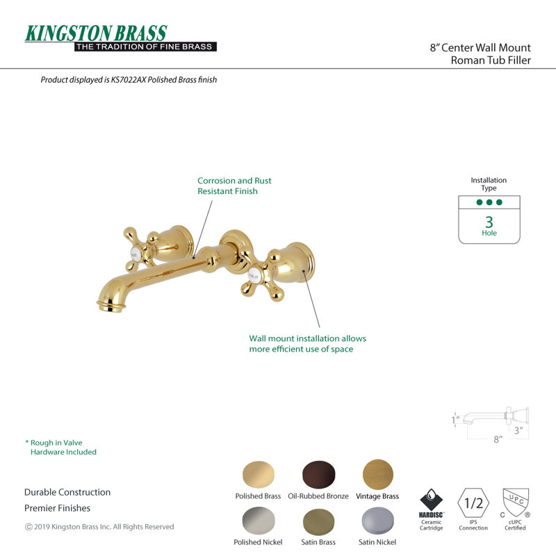 Kingston Brass English Country Two-Handle 3-Hole Wall Mount Roman Tub Faucet, Polished Brass