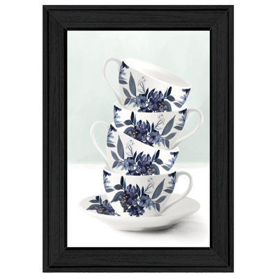 Prêt à exposer, décoration de la tour de thé bleue, 14,56 po de profondeur, maison encadrée d'art en papier, 23 paquets de hauteur, cadre noir