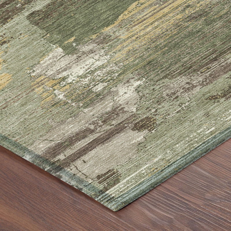 Tapis abstrait lavable à la machine intérieur / extérieur ACN2646, Olive, 8 pi x 10 pi