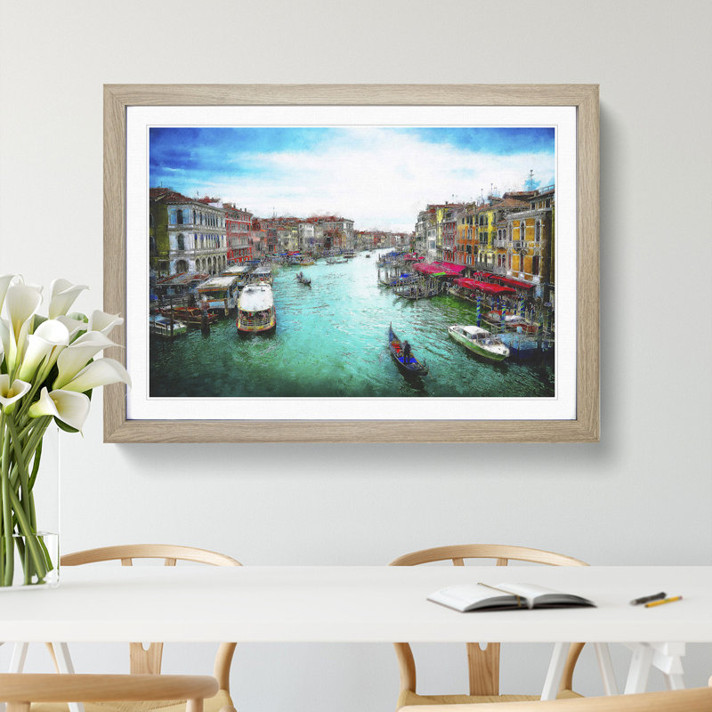 Gondolas in Venice Italy - Picture Frame Graphic Art Print, 33cm H x 45cm W x 2cm D, Oak Framed
