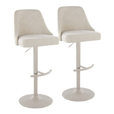 Adjustable Barstool In Metal And Fabric With Brass Nailhead Trim And Rounded T Footrest - Set Of 2