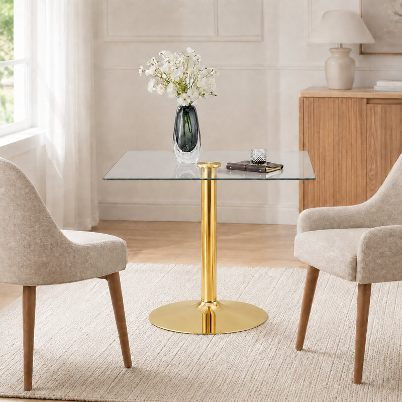 Table de salle à manger moderne carrée en verre avec base à une colonne pour 2 à 4 personnes, Gold