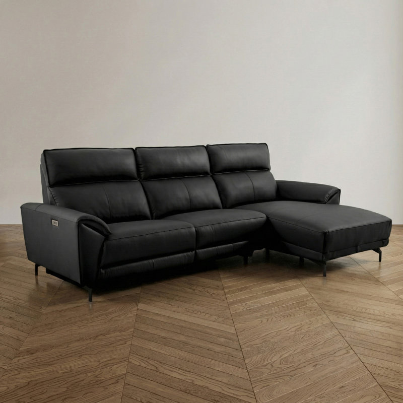 Canapé modulaire surdimensionné avec méridienne Houston, Orienté à droite, Cuir de grain supérieur noir