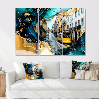 Emerald Lisbon Streets In Portugal I - Portugal Large Wall Art - 3 Panels