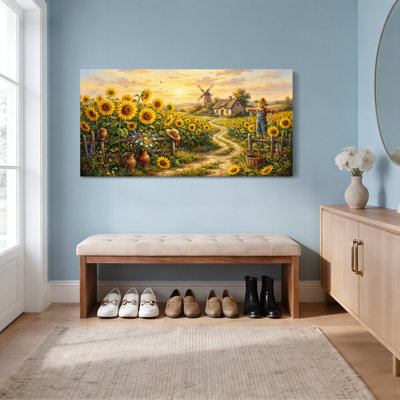 Tournesol champ scénique paysage toile tendue, reproduction de peinture à l'huile sur toile avec moulin à vent et épouvantail campagne champêtre pour décor de maison salon chambre à coucher (ensemble de 1)