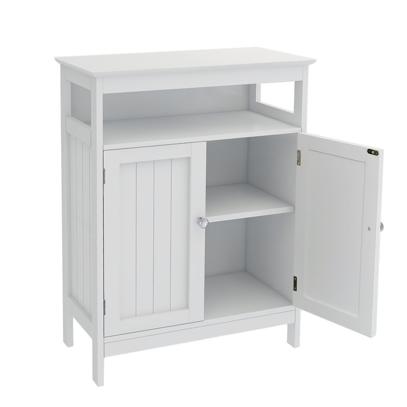 White Bathroom Cabinet With Double Shutters, , Smooth Painting, Large Storage, Simple Assembly Required Standing In White, Shutter Door Design, Painted Ample Storage Space, Process