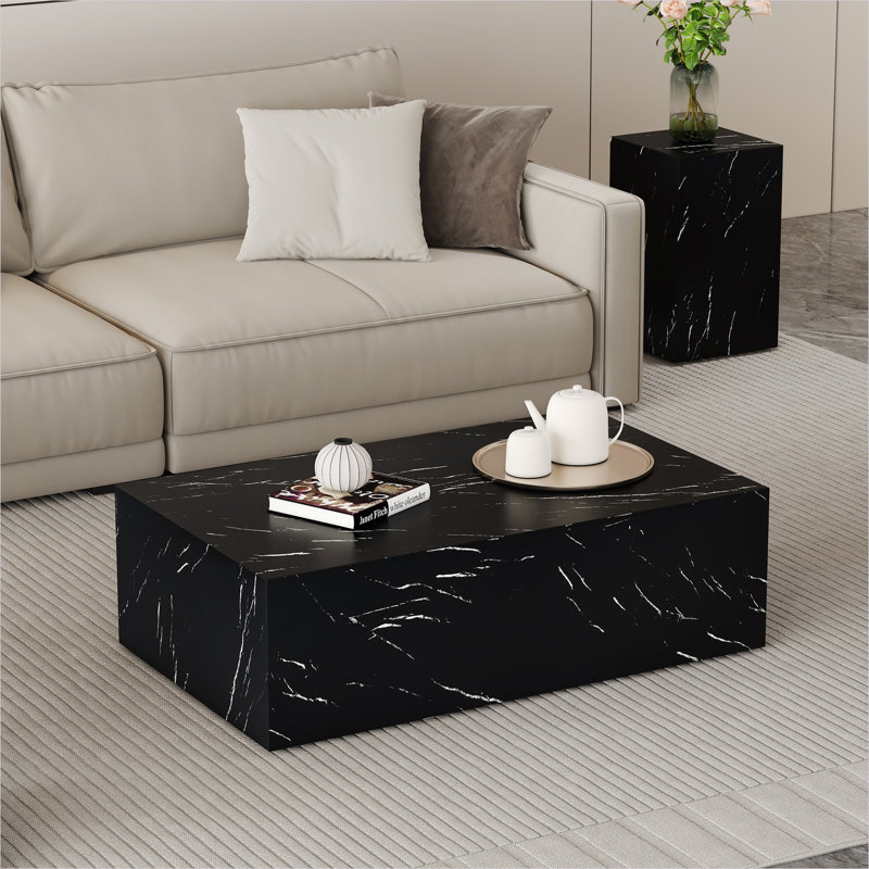Table basse rectangulaire en marbre avec surface lisse, 39,3 x 23,6 x 11,8 pouces, panneau de fibres à densité moyenne noir profond
