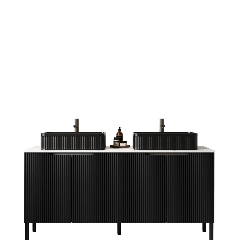 Meuble-lavabo de 60 po de style scandinave moderne, 2 lavabos en céramique à rayures noires, comptoir blanc, portes de haute qualité, amortisseur à fermeture en douceur pour une fermeture douce et silencieuse avec 4
