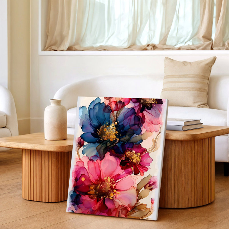Abstrait, peinture florale rose, maison bleue, impression sur toile, floral, H 30 po x l 40 po