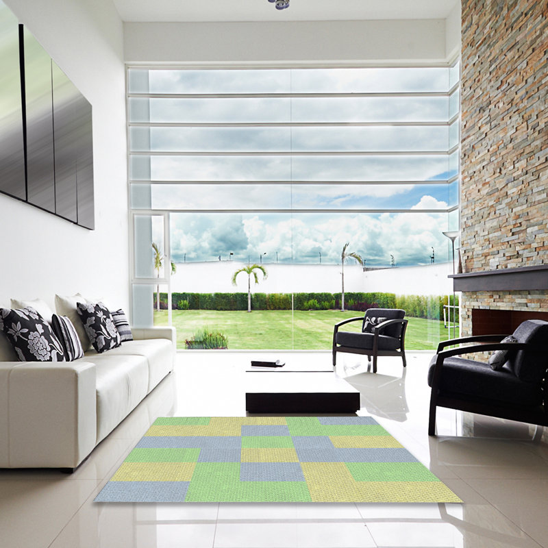 Tapis vert/jaune à motifs, Carré 5 pi