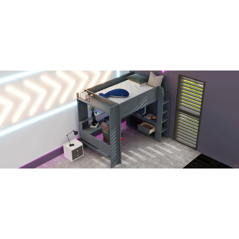 Lit mezzanine double en bois avec bureau