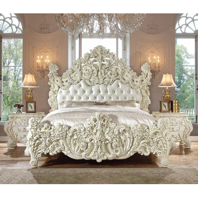 White Gloss Hand Carved Bed with Crowned Headboard