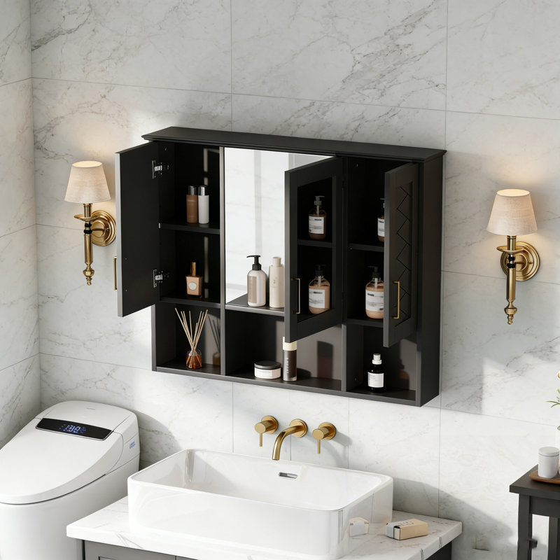 Armoire de salle de bain murale avec tablette réglable et espace de rangement ouvert, Noir