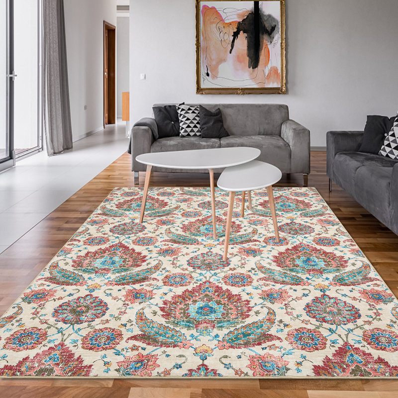 Floral Machine Washable Rug with Rubber Backing for Living Room Vintage Non-Slip Dining Room Rug Easy-Cleaning Floor Carpet for Bedroom