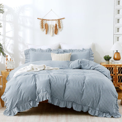 Gingham Duvet Cover Ruffle Comforter Cover Farmhouse Shabby Chic Duvet Cover 100% Washed Microfiber Bedding Set Luxury Soft Breathable Durable