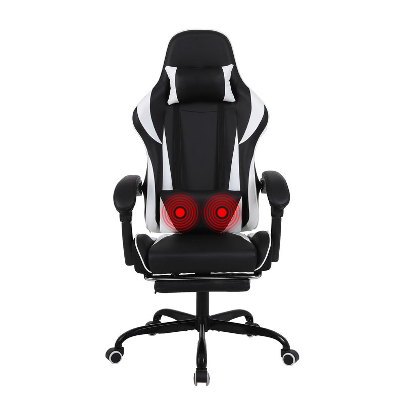 Ebern Designs Adjustable Reclining Ergonomic Faux Leather Swiveling PC & Racing Game Chair with Footrest, White/Black