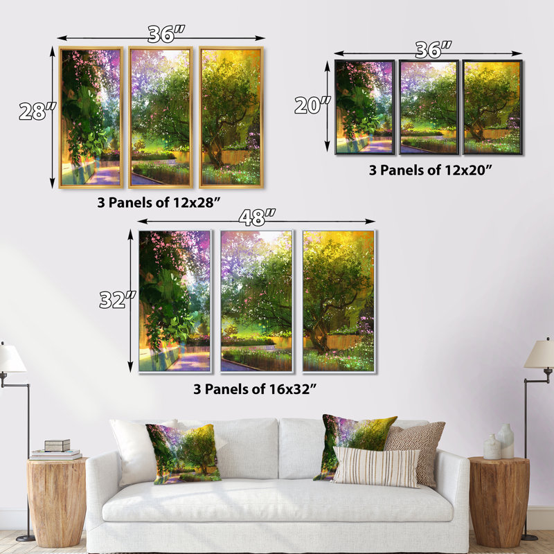 «Vibrant Pathway In A Peaceful Green Park», peinture sur toile flottante 3 pièces, Noir, L 36 po x H 28 po