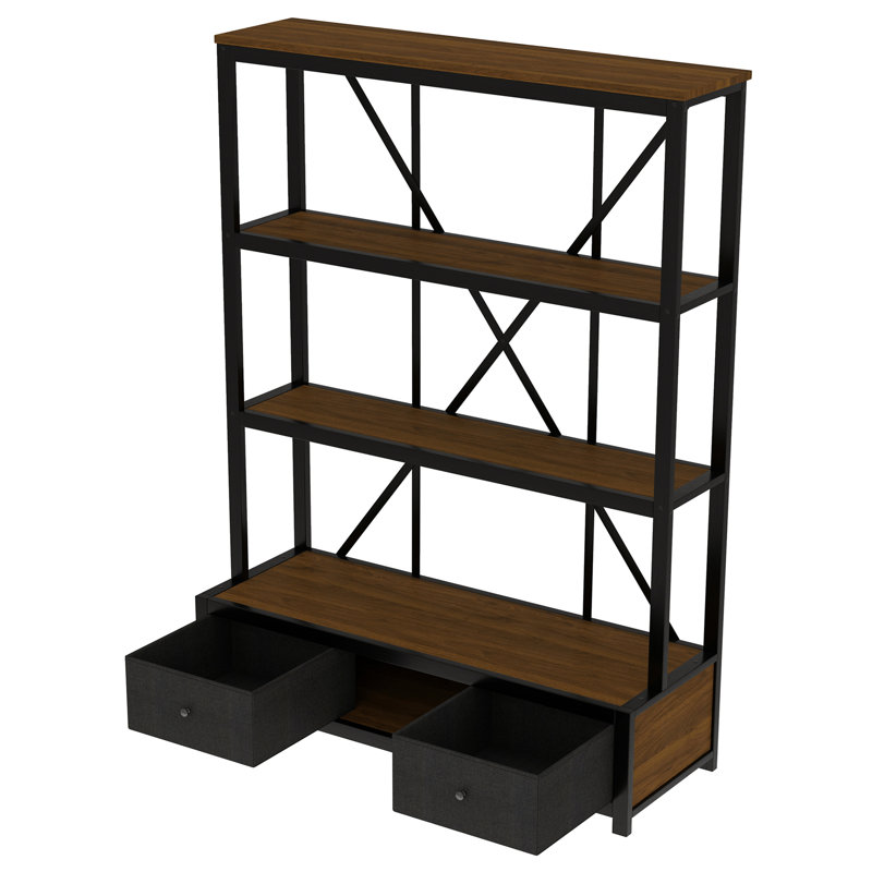 3-Shelf Metal Bookcase with Drawers for Office, Open Bookcase, Vintage Industrial Style Bookcase with LED, Walnut