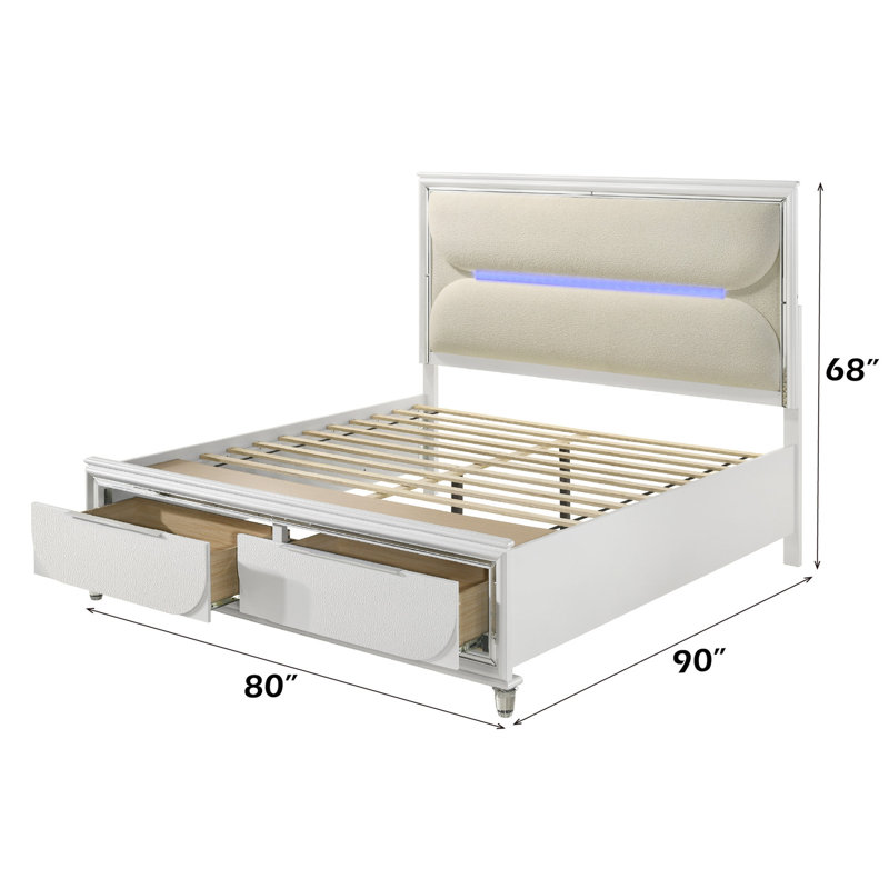 E Très grand lit avec DEL et rangement. Revêtement blanc bouclé. Aucun sommier tapissier requis. Acrylique bois synthétique. Rangement confortable et rembourré pour tête de lit. Très grand. Requis. Cadre en bois. Tiroirs Space