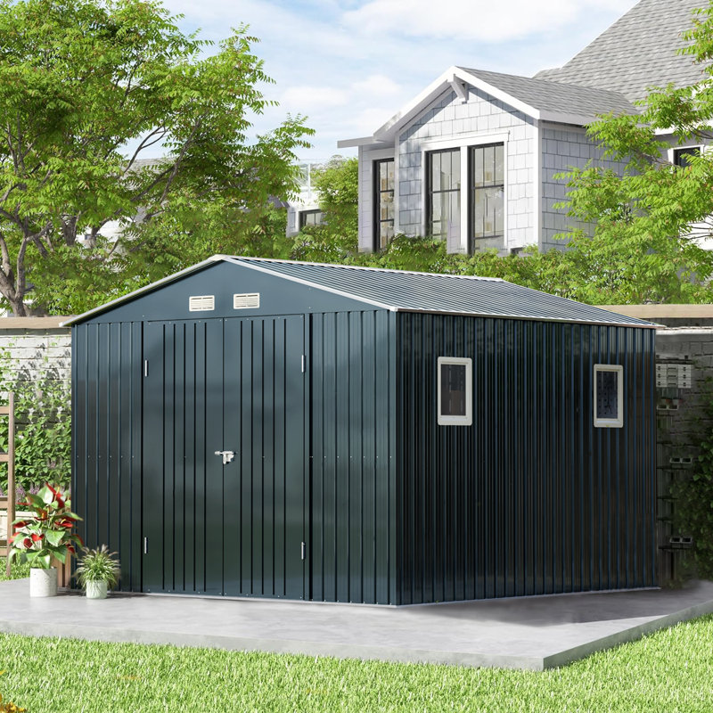 Outdoor Metal Storage Shed with Windows, 10 Ft. W x 12 Ft. D, Black