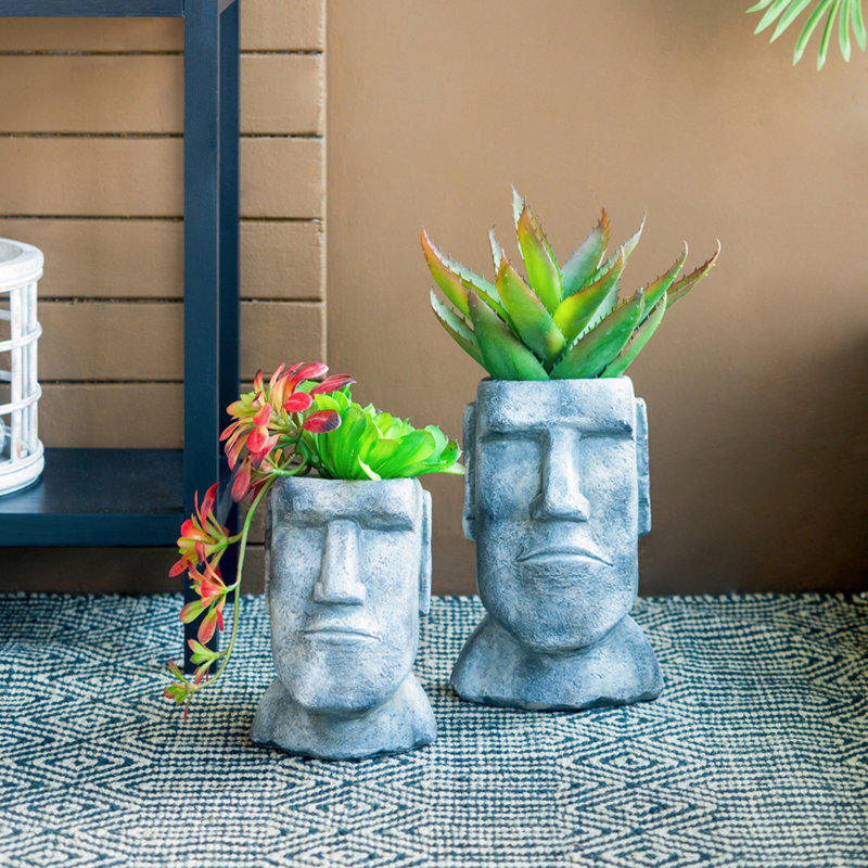Easter Island Cement Planter, Blue, 9" H x 5.5" W x 5" D